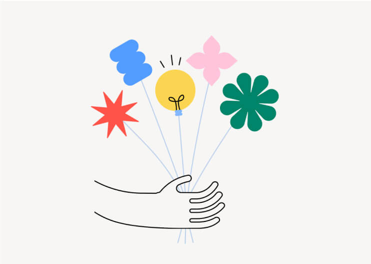 Illustration of ideas coming together in the form of balloon shapes.