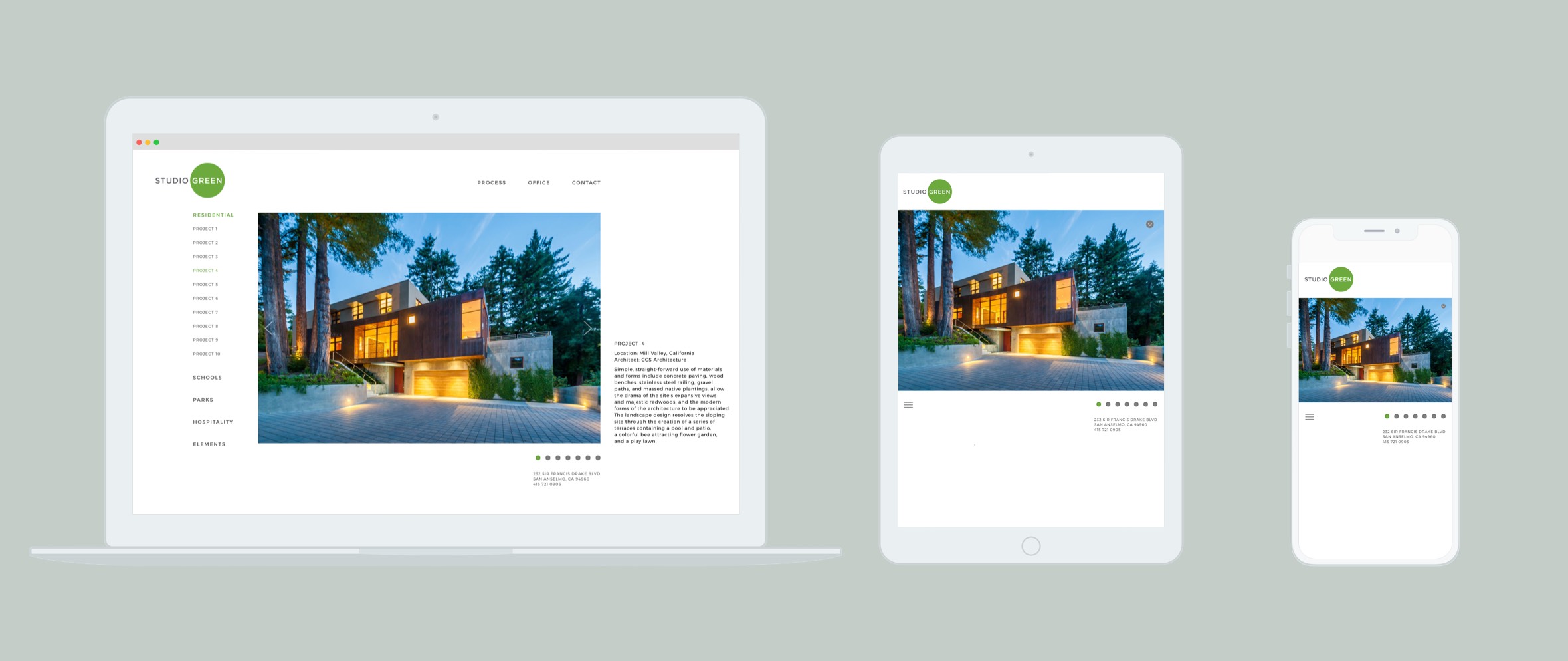 Laptop, tablet and smartphone displaying responsive Studio Green website